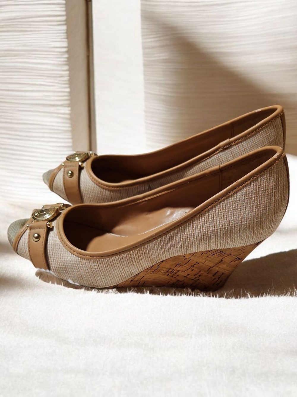 Tommy Hilfiger Tan Wedge Pumps with Gold Accent